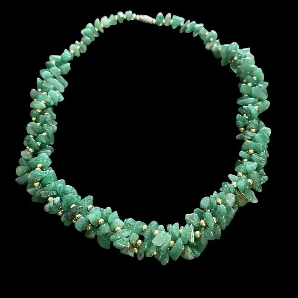 Artisan Necklack Green Aventurine Multi Strand Polished Chips Goldtone Beads